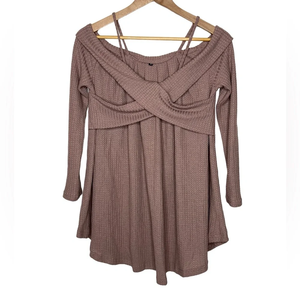 Long sleeve Criss Cross Off the Shoulder Waffle Tunic Mocha Size Medium